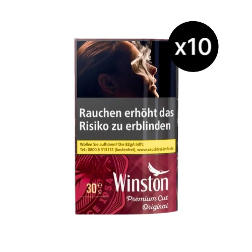 Bundle Winston Red Feinschnitt Tabak in 10x 30g Pouches (Insgesamt 300g Vorratspackung). Kräftiger Premium Cut American Blend Drehtabak von JTI für authentischen Genuss.