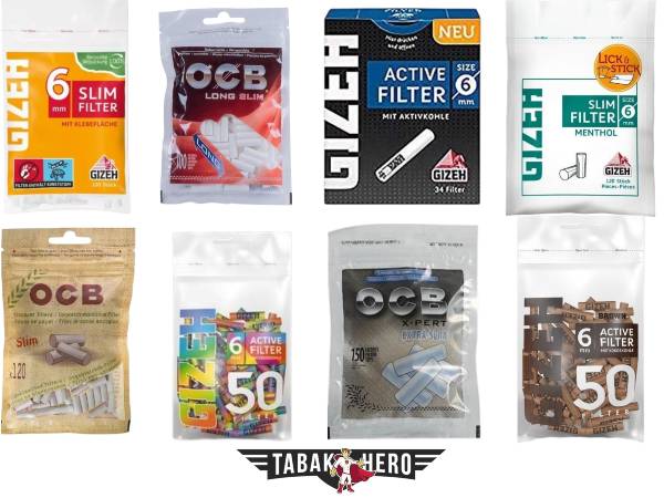 Eine Übersicht verschiedener Zigarettenfilter-Arten der Marken Gizeh und OCB, darunter Slim-Filter, Aktivkohlefilter und Menthol-Aromafilter in verschiedenen Verpackungen