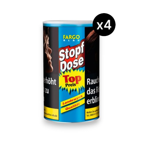 4er Spar-Bundle Fargo Blau Stopftabak in 4x 122g Dosen (Insgesamt 488g Vorratspackung). Milder American Blend Volumentabak in bewährter Landewyck Qualität.