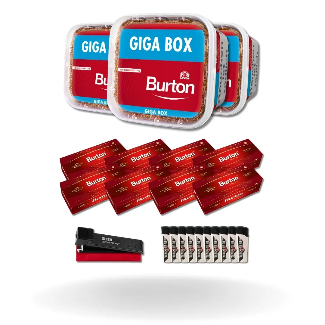 Bundle: Burton Red Stopftabak (3x400g) + Burton Hülsen King Size (8x200 Stück) + Gizeh Stopfgerät + Feuerzeuge (10 Stück) 
