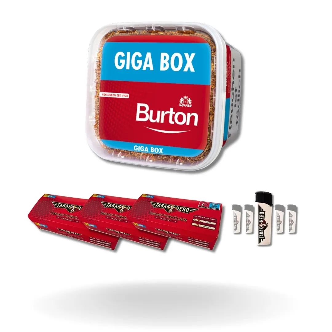 Bundle: Burton Red Stopftabak (400g) + Tabakhero Hülsen Extra Size (3x200 Stück) + Feuerzeuge (5 Stück)