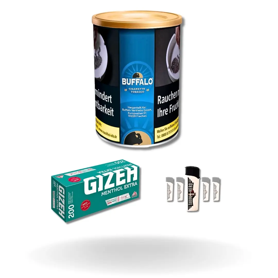 Bundle: Buffalo Blue Halfzware Drehtabak (140g) + Gizeh Menthol Hülsen Extra Size (200 Stück) + Feuerzeuge (5 Stück)