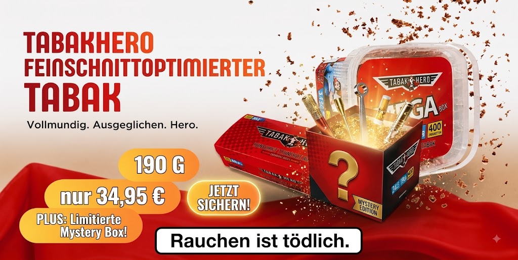 TABAKHERO Mega Box 190g (feinschnitt-optimierter Stopftabak) inklusive limitierter Mystery Box voller Raucherzubehör für Heros