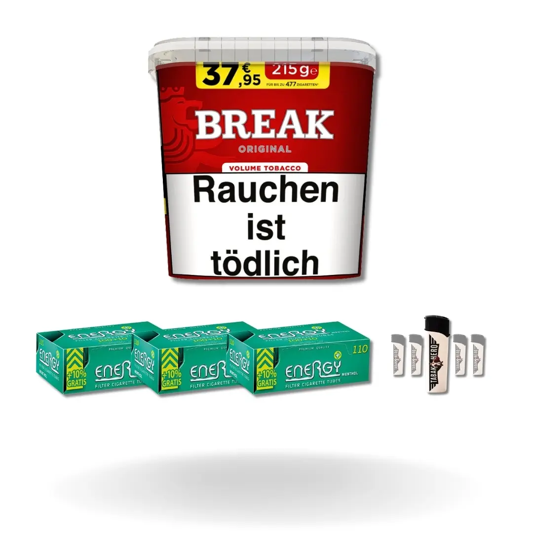 Bundle: Break Red Stopftabak (195g) + Energy Plus Menthol Hülsen King Size (3x110 Stück) + Feuerzeuge (5 Stück) 