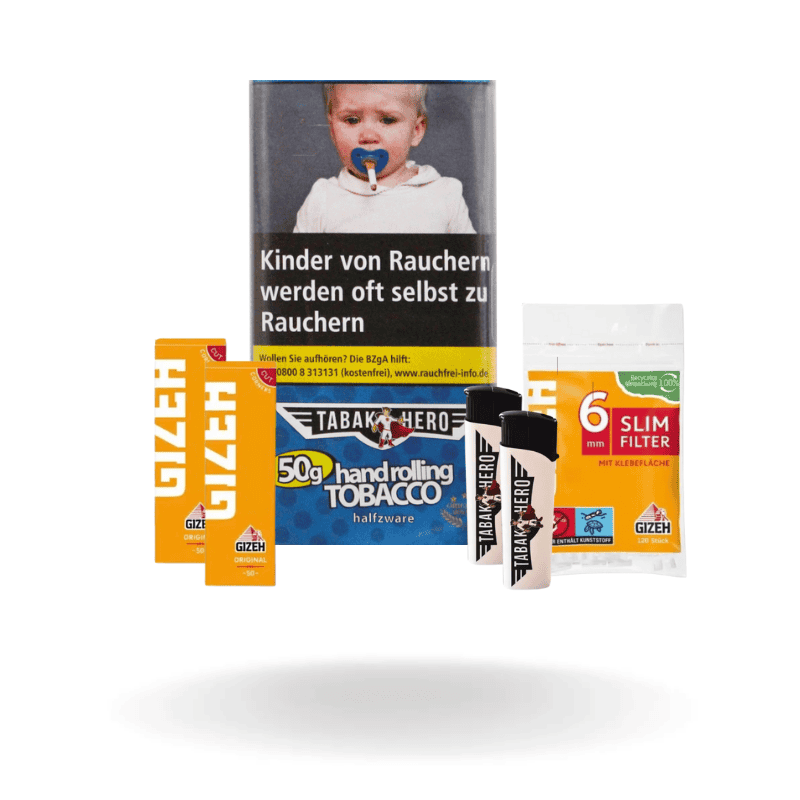 Probierpaket: Tabakhero Halfzware Pouch (50g) + Gizeh Zigaretten Papes Original (2x50 Stück) + Gizeh Zigaretten Filter Slim (120 Stück) + 2 Tabakhero Feuerzeuge
