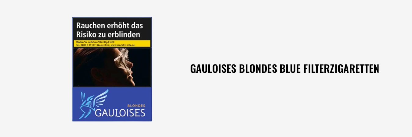 Zigarettenpackung Gauloises Blondes Blue, Vorderseite mit gesetzlichem Warnhinweis.