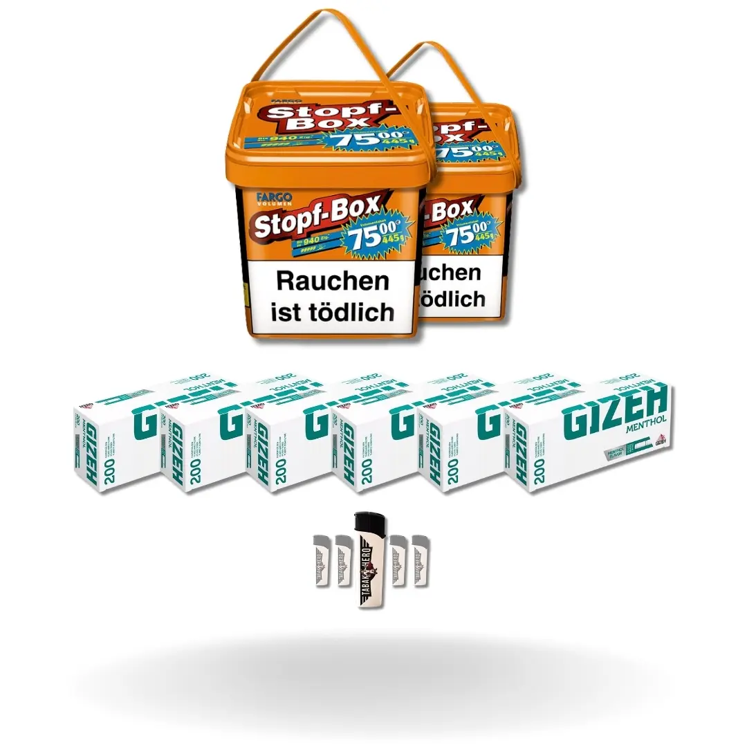 Bundle: Fargo Stopf-Box Stopftabak (2x420g) + Gizeh Menthol Hülsen King Size (6x200 Stück) + Feuerzeuge (5 Stück) 