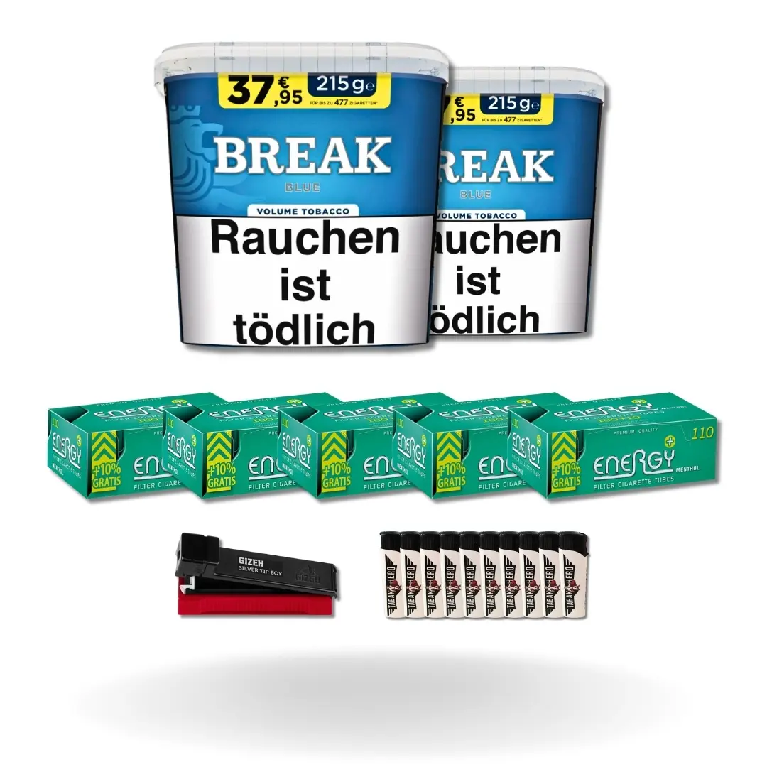 Bundle: Break Blue Stopftabak (2x195g) + Energy Plus Menthol Hülsen King Size (5x110 Stück) + Gizeh Stopfgerät + Feuerzeuge (10 Stück) 