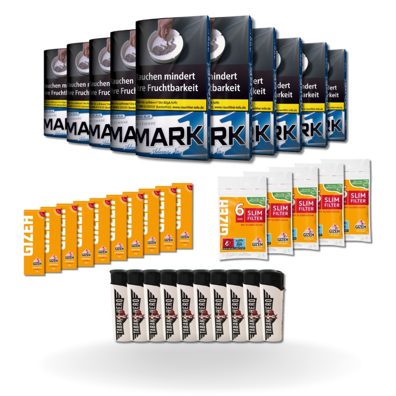 Bundle: Mark Adams 1 Halfzware Drehtabak (10x30g) + Gizeh Papes (10x50 Stück) + Gizeh Filter (5x120 Stück) + Feuerzeuge (10 Stück)