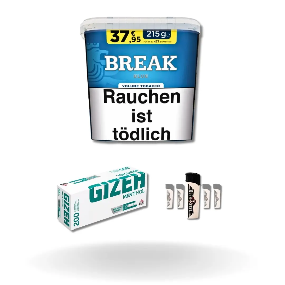 Bundle: Break Blue Stopftabak (195g) + Gizeh Menthol Hülsen King Size (200 Stück) + Feuerzeuge (5 Stück) 