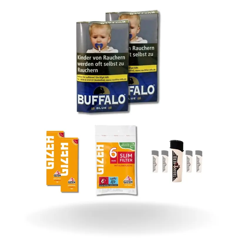 Bundle: Buffalo Blue Halfzware Drehtabak (2x40g) + Gizeh Papes (2x50 Stück) + Gizeh Filter (120 Stück) + Feuerzeuge (5 Stück) 