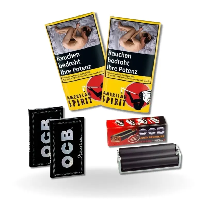 Bundle: American Spirit Yellow Drehtabak (2x30g) + OCB Schwarz Papes (2x100 Stück) + OCB Drehmaschine