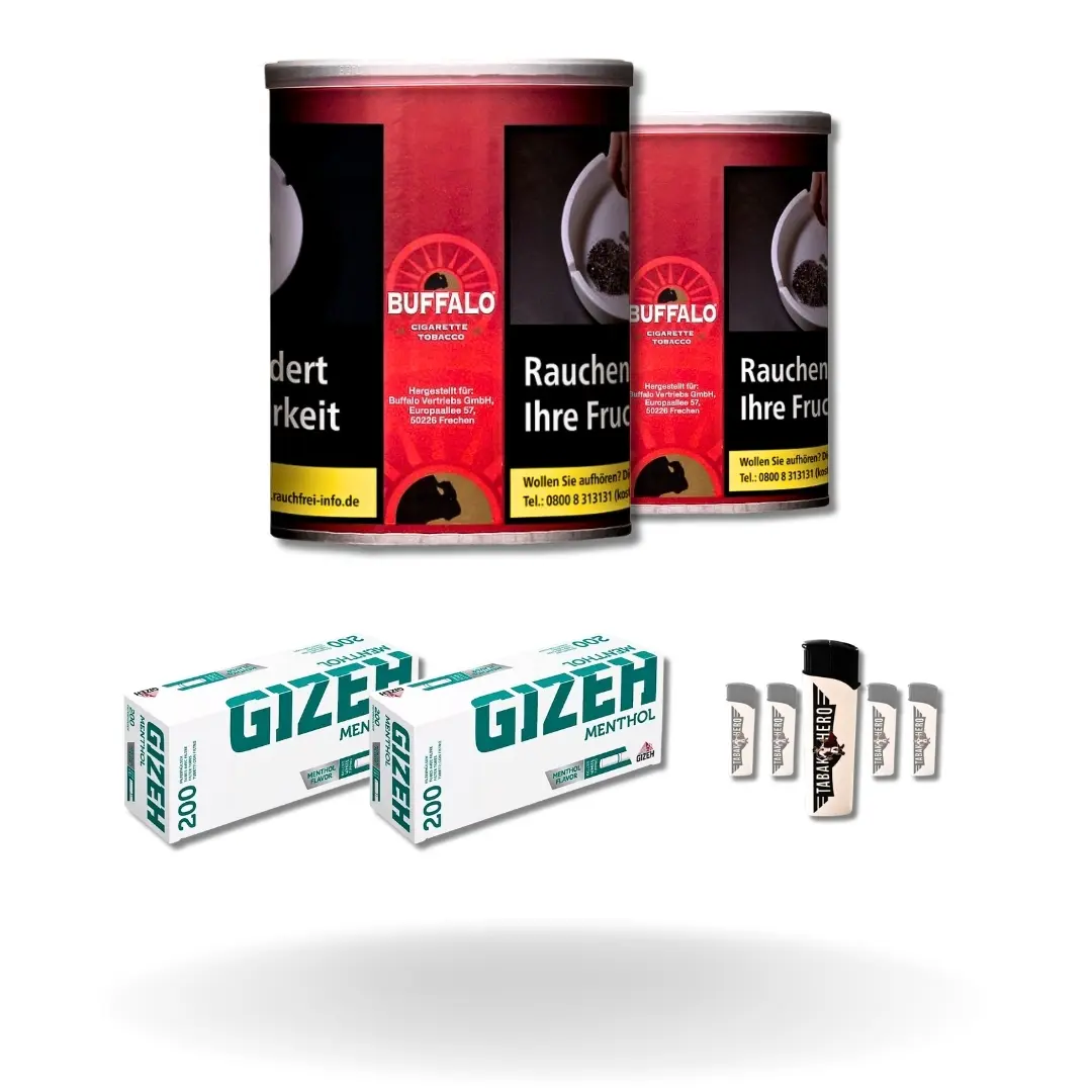 Bundle: Buffalo Red Halfzware Drehtabak (2x140g) + Gizeh Menthol Hülsen King Size (2x200 Stück) + Feuerzeuge (5 Stück)