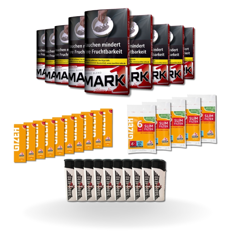 Bundle: Mark Adams 1 Classic Drehtabak (10x30g) + Gizeh Papes (10x50 Stück) + Gizeh Filter (5x120 Stück) + Feuerzeuge (10 Stück)