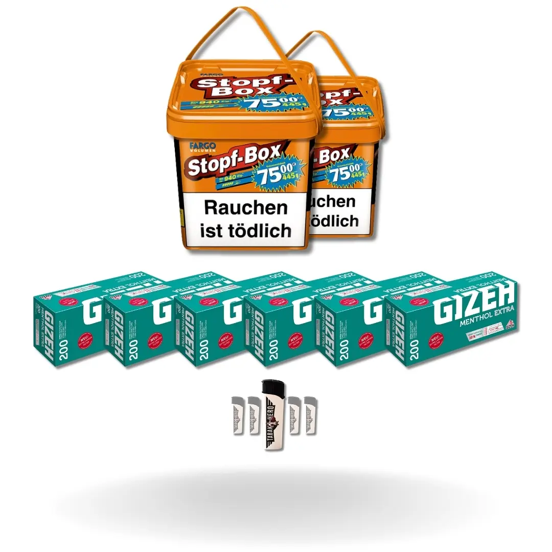 Bundle: Fargo Stopf-Box Stopftabak (2x420g) + Gizeh Menthol Hülsen Extra Size (6x200 Stück) + Feuerzeuge (5 Stück) 