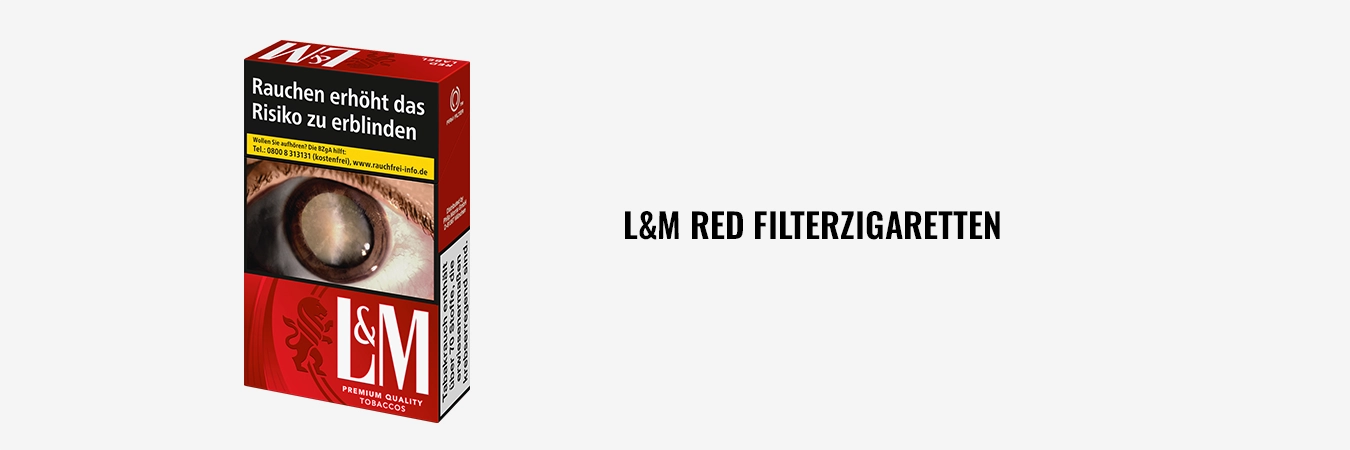 Zigarettenpackung L&M Red, Vorderseite mit gesetzlichem Warnhinweis.
