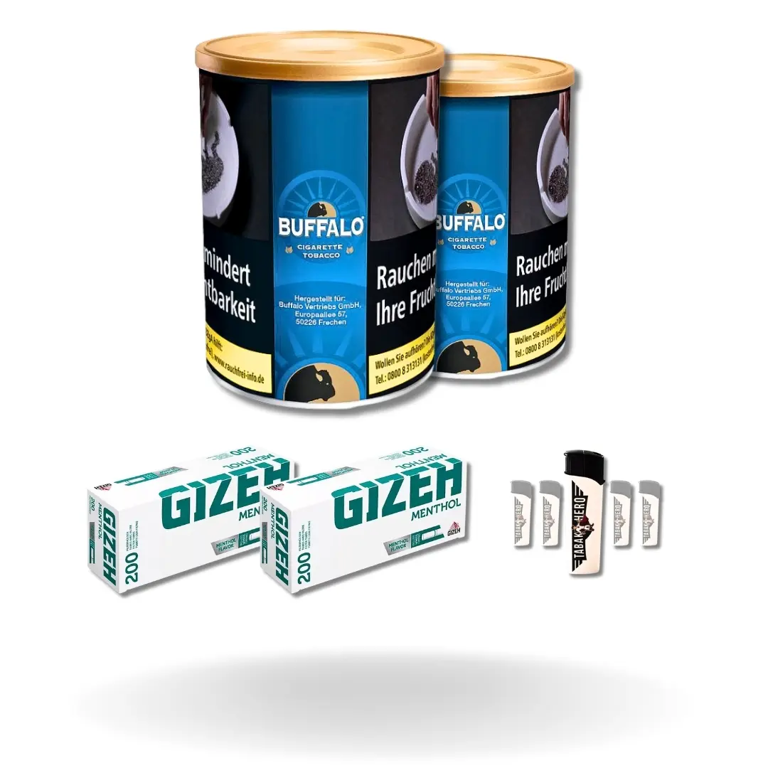 Bundle: Buffalo Blue Halfzware Drehtabak (2x140g) + Gizeh Menthol Hülsen King Size (2x200 Stück) + Feuerzeuge (5 Stück)