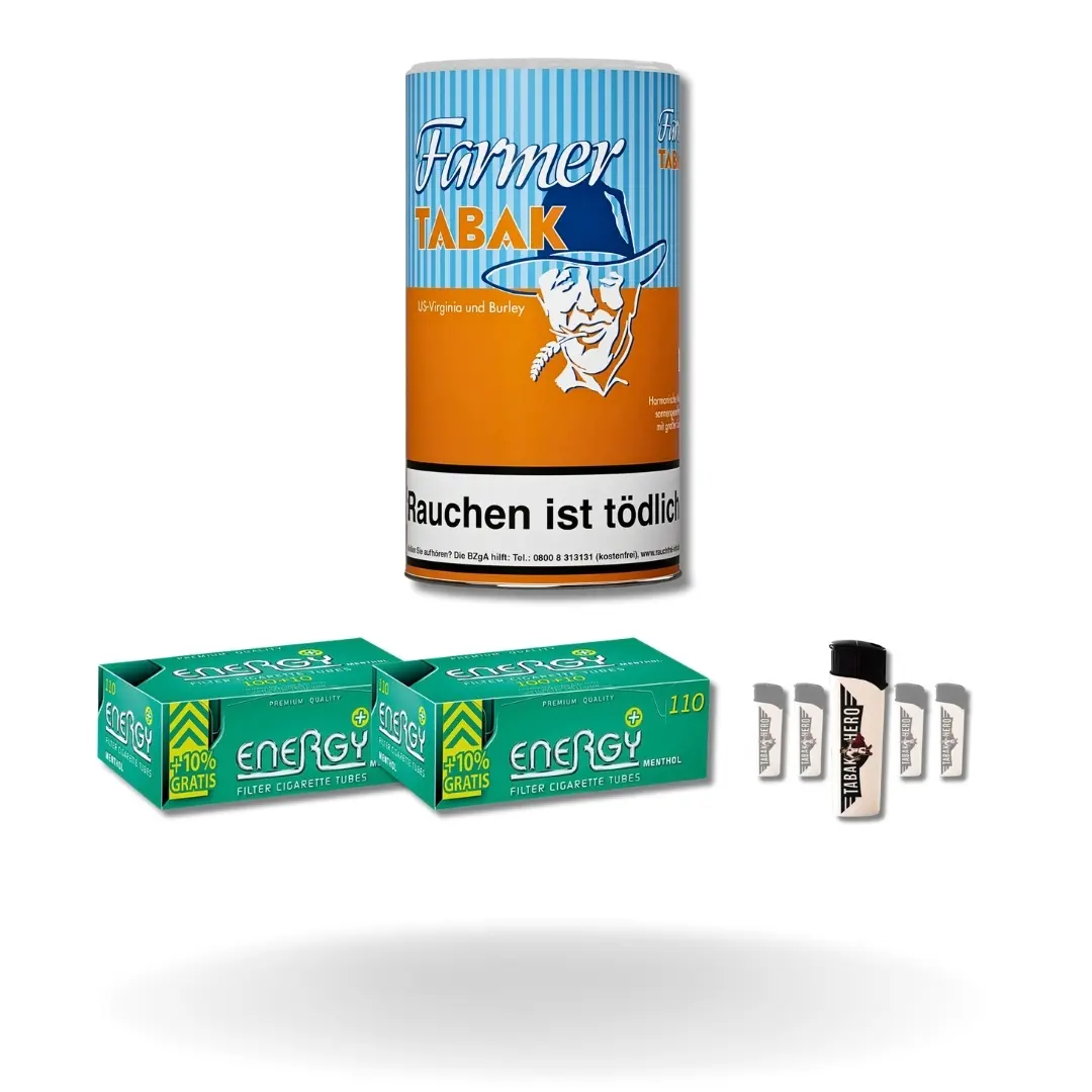 Bundle: Farmer Orange Pfeifentabak (160g) + Energy Plus Menthol Hülsen King Size (2x110 Stück) + Feuerzeuge (5 Stück) 