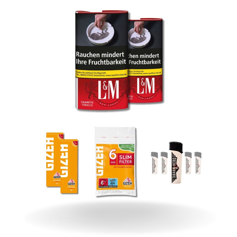 Bundle: L&M Red Drehtabak (2x30g) + Gizeh Papes (2x50 Stück) + Gizeh Filter (120 Stück) + Feuerzeuge (5 Stück)