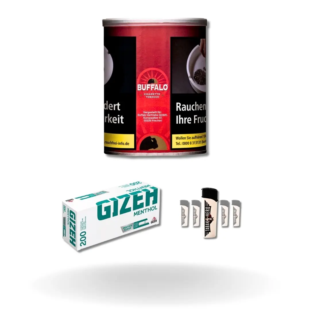 Bundle: Buffalo Red Halfzware Drehtabak (140g) + Gizeh Menthol Hülsen King Size (200 Stück) + Feuerzeuge (5 Stück)