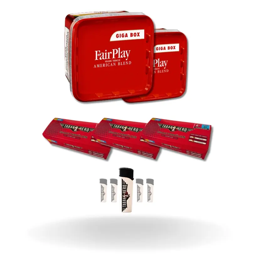 Bundle: Fair Play Stopftabak (2x280g) + Tabakhero Hülsen Extra Size (4x200 Stück) + Feuerzeuge (5 Stück)