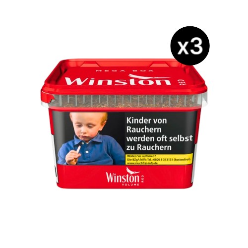 Bundle Winston Red Volumentabak in 3x 155g Eimern Mega Box (Insgesamt 465g Vorratspackung). Ergiebiger Premium American Blend Stopftabak von JTI für kräftigen Genuss.