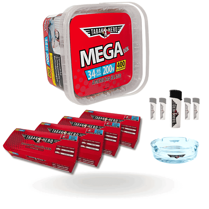 Komplett-Set mit 190g Tabakhero Stopftabak Mega Box, 800 Extra Size Hülsen, Marken-Aschenbecher und 5 Feuerzeugen
