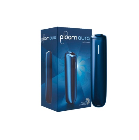 Produktbild des Ploom Aura Device in der Farbe Navy Blue. Der dunkelblaue, knopflose Tabakerhitzer mit IntuiTouch-Oberfläche