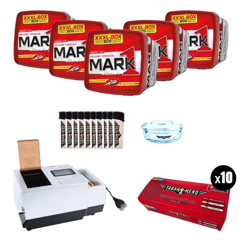 Bundle: Mark Adams 1 Stopftabak (5x400g) + Tabakhero Hülsen (10x200 Stk.) + Feuerzeuge (10 Stk.) + Powermatic 3+ Elektrische Stopfmaschine