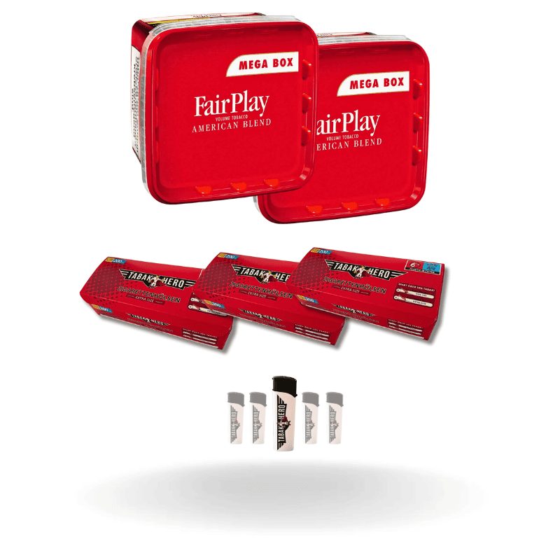 Bundle: Fair Play Stopftabak (2x220g) + Tabakhero Hülsen Extra Size (4x200 Stück) + Feuerzeuge (5 Stück)