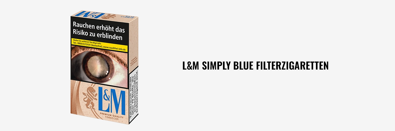 Zigarettenpackung L&M Simply Blue, Vorderseite mit gesetzlichem Warnhinweis.