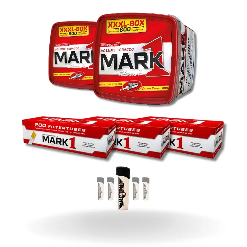 Bundle: Mark Adams 1 Stopftabak (2x400g) + Mark Adams 1 Hülsen King Size (3x200 Stück) + Feuerzeuge (5 Stück)