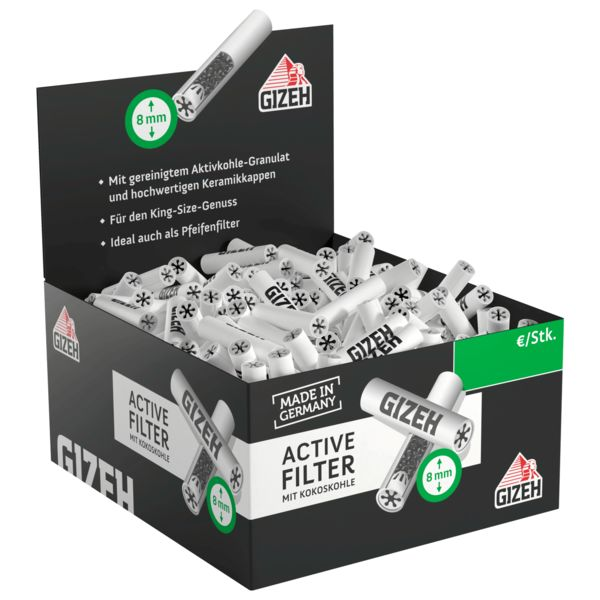 GIZEH Active Filter 8mm mit Kokoskohle - Greifbox mit 200 Stück