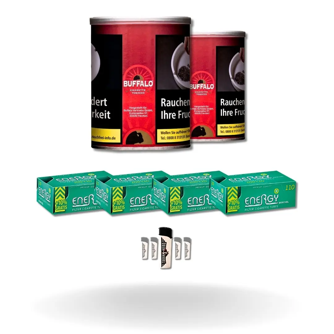 Bundle: Buffalo Red Halfzware Drehtabak (2x140g) + Energy Plus Menthol Hülsen (4x110 Stück) + Feuerzeuge (5 Stück)