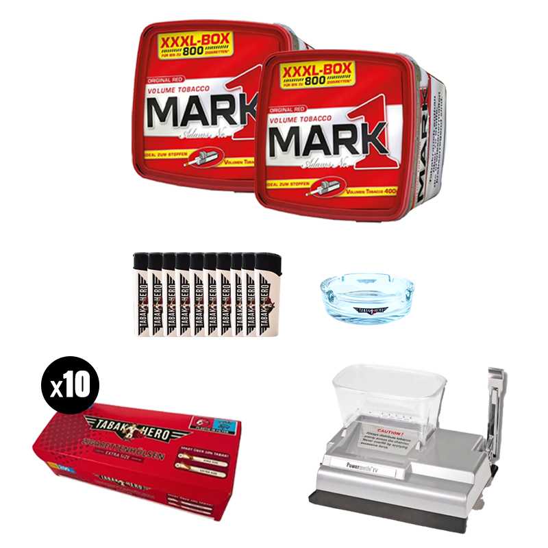 Bundle: Mark Adams 1 Stopftabak (2x400g) + Tabakhero Hülsen (10x200 Stk.) + Feuerzeuge (10 Stk.) + Powermatic 4+ Elektrische Stopfmaschine