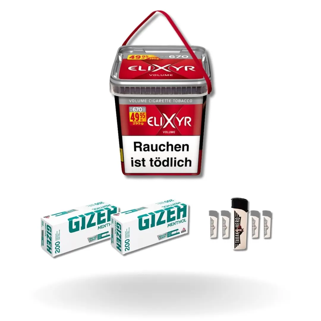 Bundle: Elixyr Red Stopftabak (260g) + Gizeh Menthol Hülsen King Size (2x200 Stück) + Feuerzeuge (5 Stück)