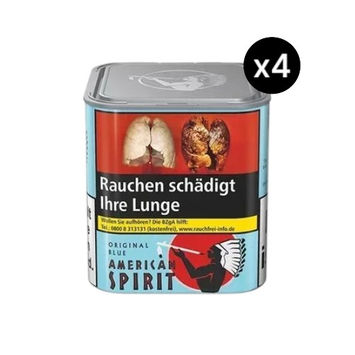 Bundle American Spirit Original Blue Tabak Feinschnitt in 4x 80g Dosen (Insgesamt 320g Vorratspackung). 100% zusatzstofffreier Premium Virginia Blend Stopftabak von Santa Fe Natural Tobacco für puren Genuss.