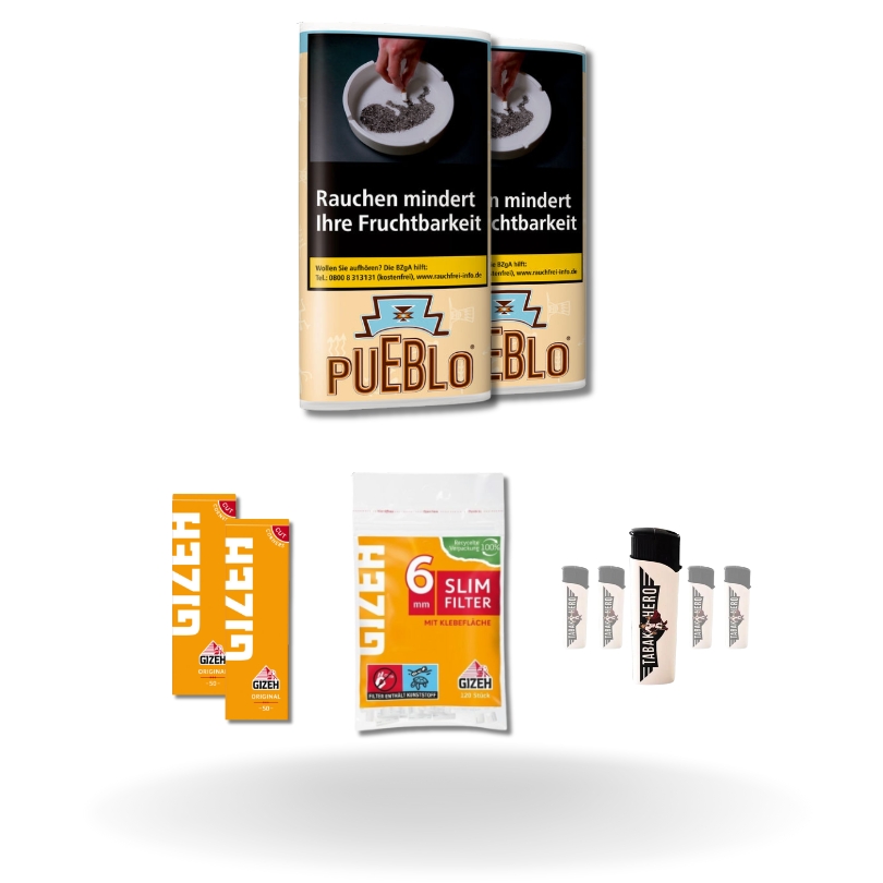 Bundle: Pueblo Classic Drehtabak (2x30g) + Gizeh Papes (2x50 Stück) + Gizeh Filter (120 Stück) + Feuerzeuge (5 Stück)