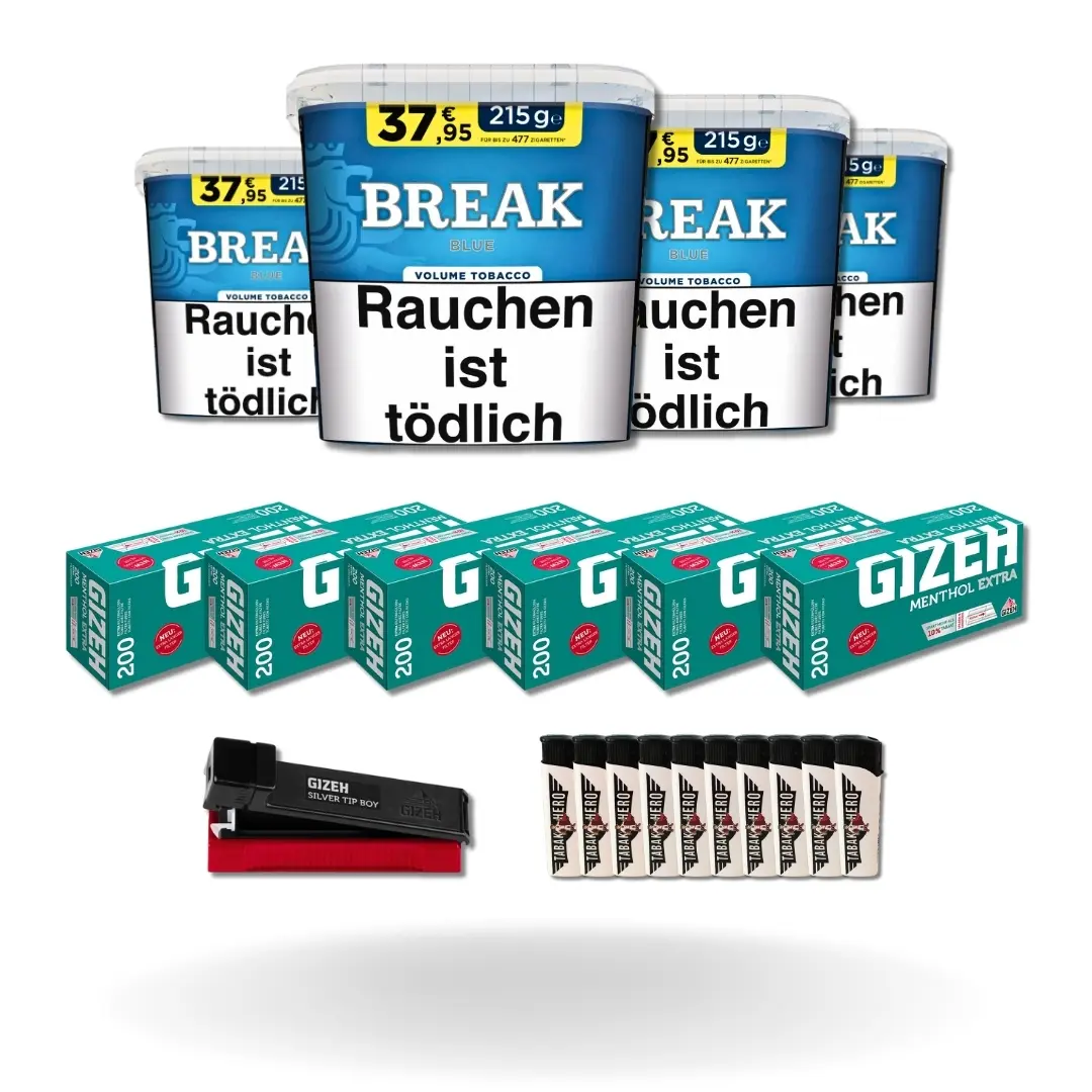 Bundle: Break Blue Stopftabak (4x195g) + Gizeh Menthol Hülsen Extra Size (6x200 Stück) + Gizeh Stopfgerät + Feuerzeuge (10 Stück) 