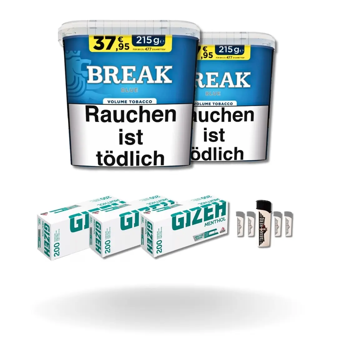 Bundle: Break Blue Stopftabak (2x195g) + Gizeh Menthol Hülsen King Size (3x200 Stück) + Feuerzeuge (5 Stück) 
