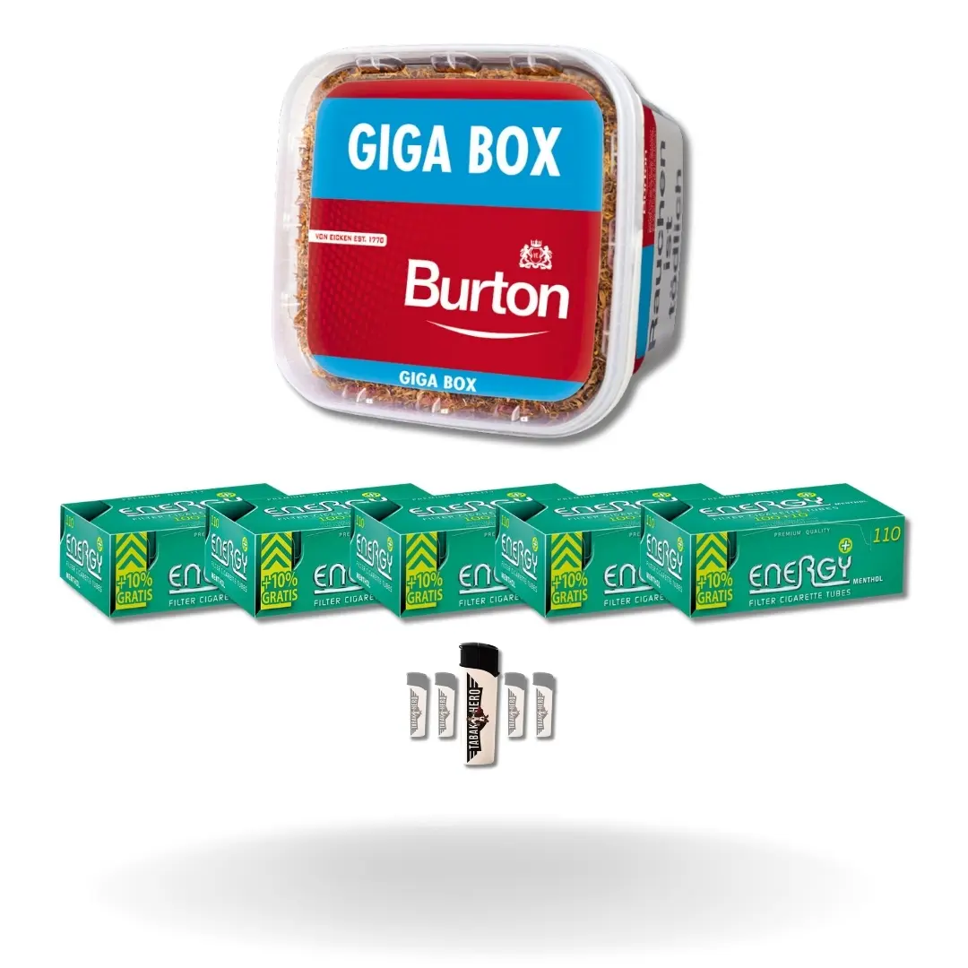 Bundle: Burton Red Stopftabak (400g) + Energy Plus Menthol Hülsen King Size (5x110 Stück) + Feuerzeuge (5 Stück)