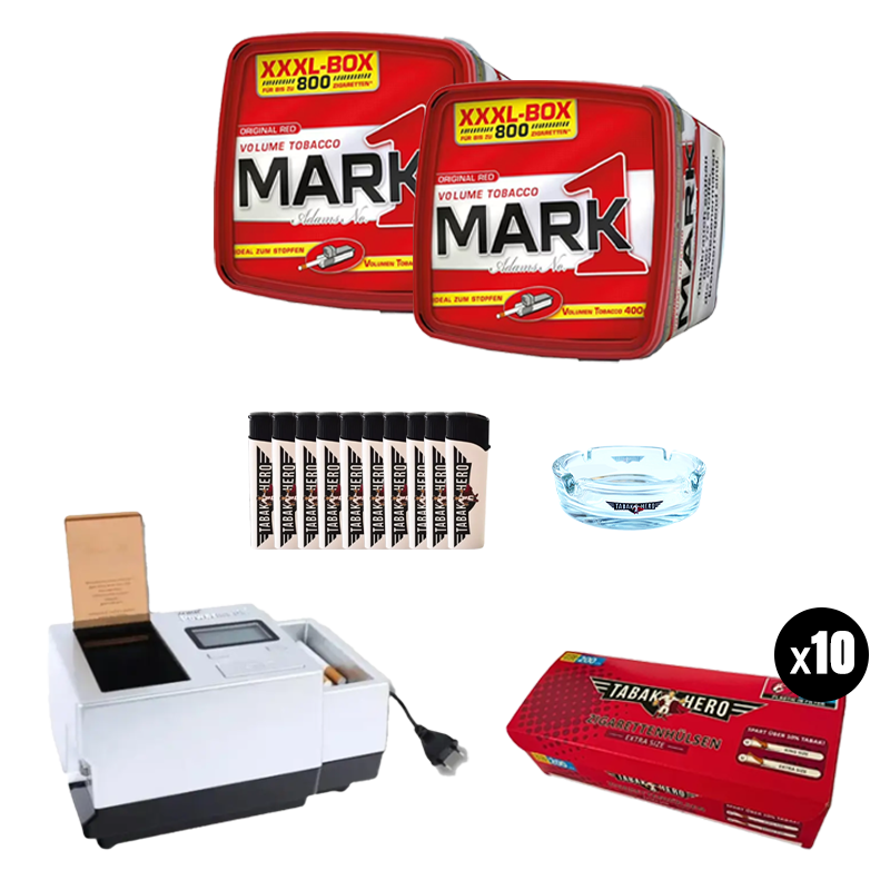 Bundle: Mark Adams 1 Stopftabak (2x400g) + Tabakhero Hülsen (10x200 Stk.) + Feuerzeuge (10 Stk.) + Powermatic 3+ Elektrische Stopfmaschine