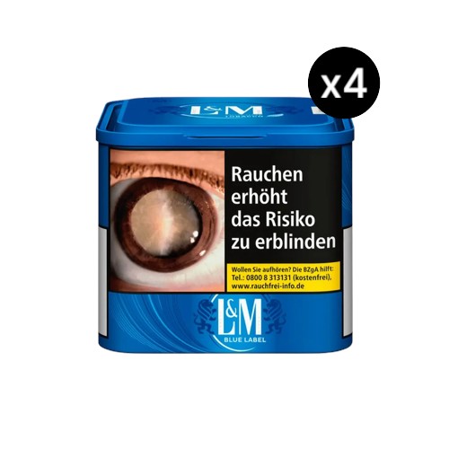 Bundle L&M Blue Volumentabak in 4x 41g Dosen (Insgesamt 164g Vorratspackung). Ergiebiger und milder Premium American Blend Stopftabak von Philip Morris für sanften Genuss.