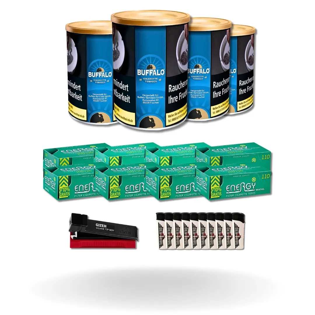 Bundle: Buffalo Blue Halfzware Drehtabak (4x140g) + Energy Plus Menthol Hülsen (8x110 Stück) + Gizeh Stopfgerät +  Feuerzeuge (10 Stück)