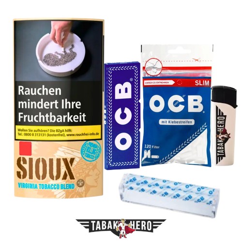 Anfänger Set zum Zigaretten drehen mit zusatzfreiem Sioux Virginia Blue Tabak, OCB Drehmaschine, Blättchen und Filtern