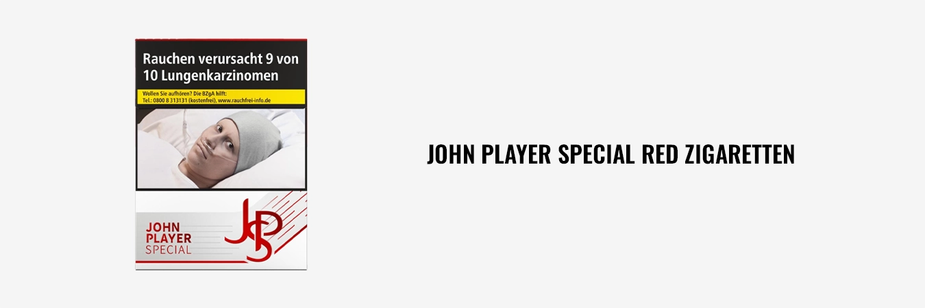 Packung John Player Special (JPS) Red, Vorderseite mit gesetzlichen Warnhinweisen.