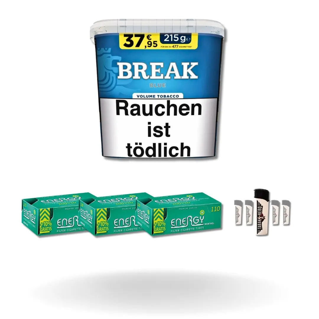 Bundle: Break Blue Stopftabak (195g) + Energy Plus Menthol Hülsen King Size (3x110 Stück) + Feuerzeuge (5 Stück) 