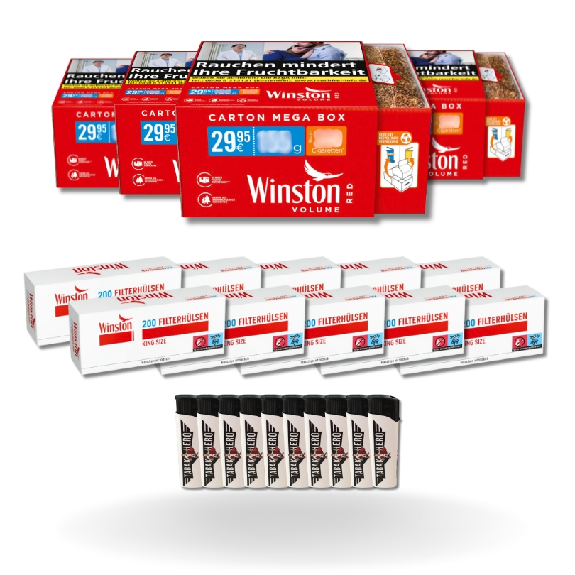 Bundle: Winston Red Stopftabak (4x125g) + Winston Hülsen King Size (10x200 Stück) + Feuerzeuge
