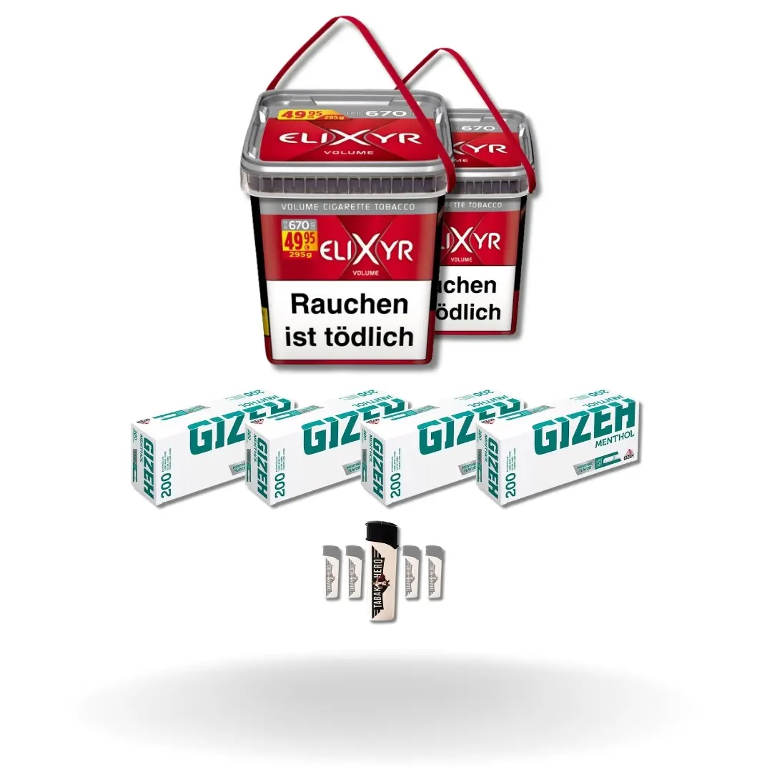 Bundle: Elixyr Red Stopftabak (2x260g) + Gizeh Menthol Hülsen King Size (4x200 Stück) + Feuerzeuge (5 Stück)