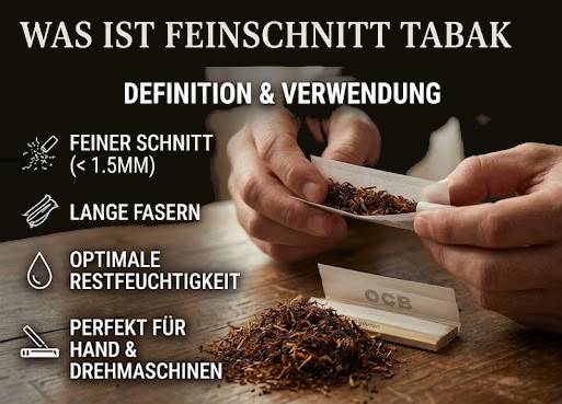 Infografik zur Erklärung von Feinschnitt Tabak: Feiner Schnitt unter 1,5 mm, lange Fasern und ideale Feuchtigkeit zum Drehen von Zigaretten